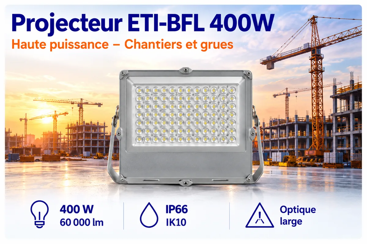 Projecteur LED ETI-BFL 400 W haute puissance pour chantiers et grues