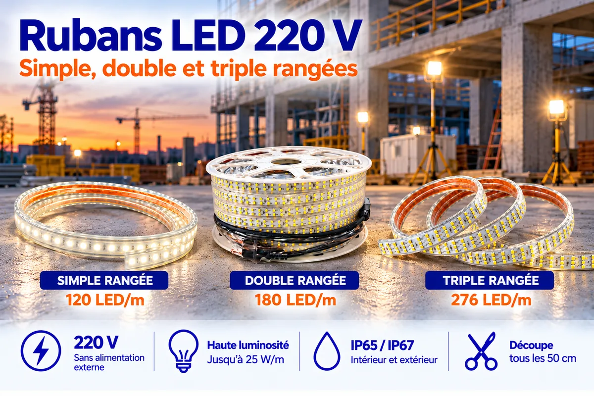 Rubans LED 220 V simple, double et triple rangée