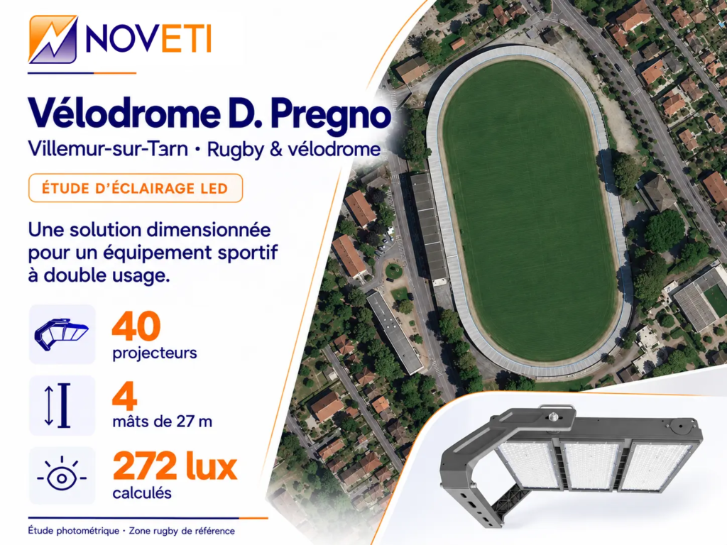 Vélodrome D. Pregno – synthèse de l’étude d’éclairage Étude d’éclairage du vélodrome D. Pregno à Villemur-sur-Tarn, avec vue aérienne du site et projecteur NOVETI.