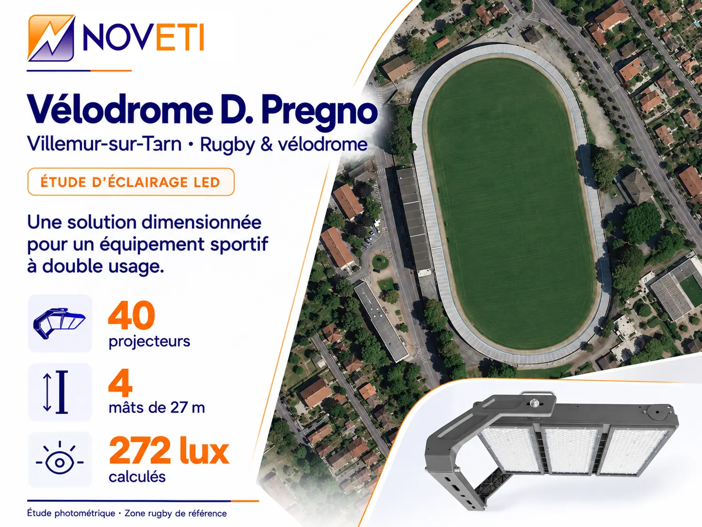 Vélodrome D. Pregno – synthèse de l’étude d’éclairage Étude d’éclairage du vélodrome D. Pregno à Villemur-sur-Tarn, avec vue aérienne du site et projecteur NOVETI.