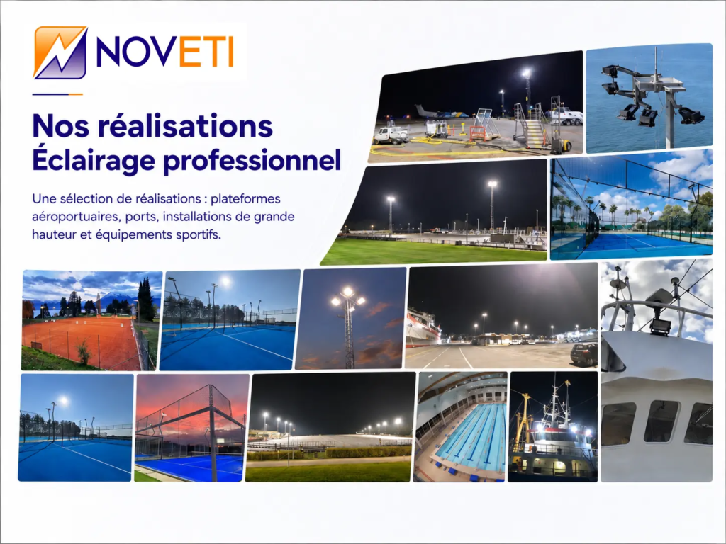 Références générales NOVETI – éclairage professionnel Sélection de réalisations NOVETI : éclairage aéroportuaire, portuaire, équipements sportifs et projecteurs sur mâts.