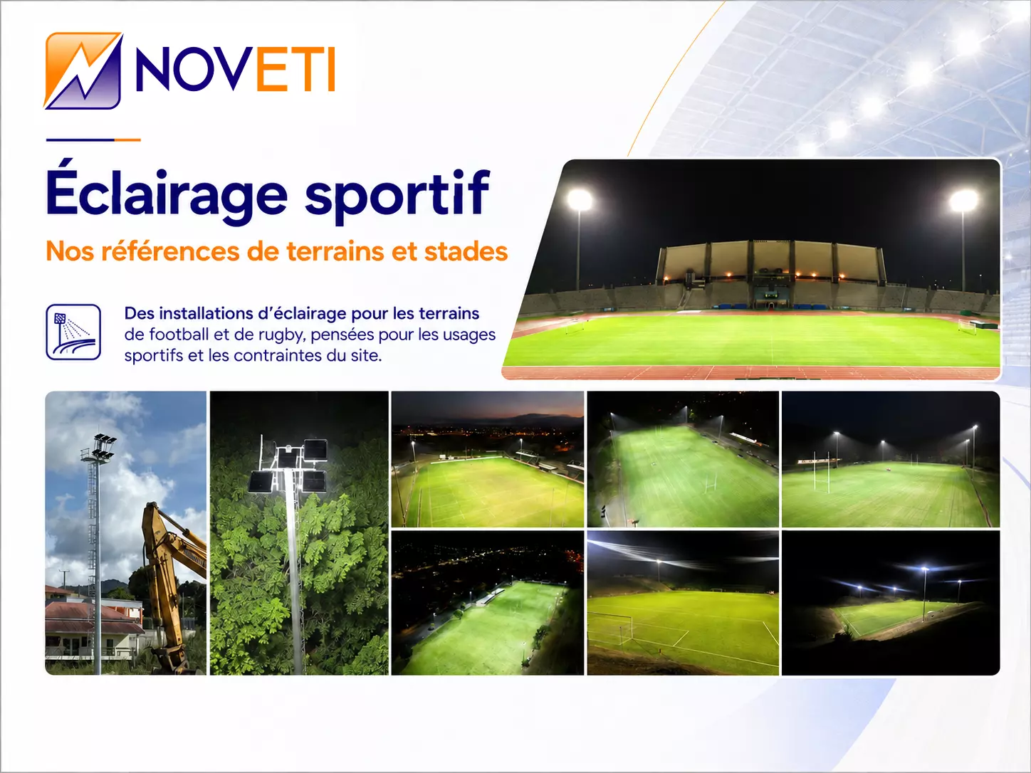 Références NOVETI en éclairage sportif : terrains de football et de rugby éclairés, mâts et projecteurs.